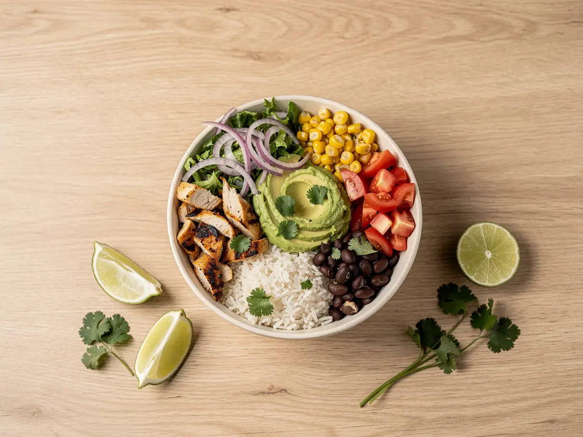 Chicken bowl with rice, guacamole, corn, and tomato